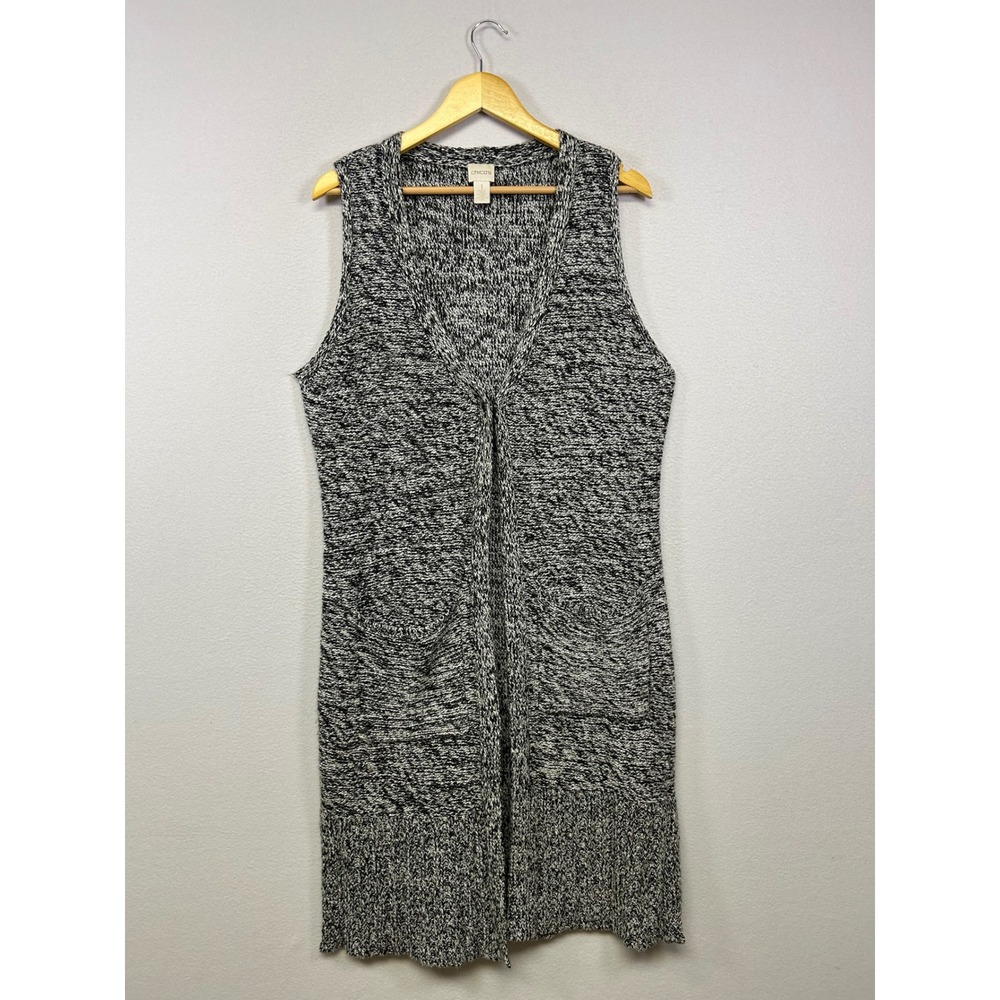 Classic Chico's Women M Black White Marled Longline Knit V-Neck Duster Vest